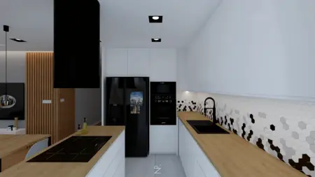 Nowoczesna kuchnia z białymi meblami, czarnym sprzętem i drewnianymi akcentami, minimalistyczny design