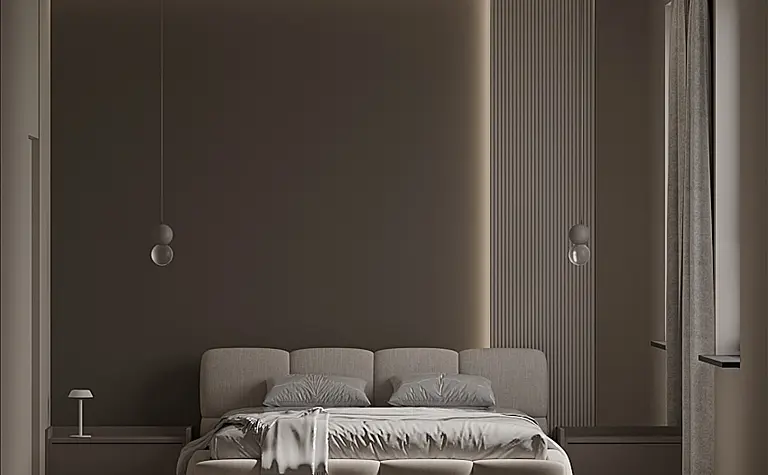 Sypialnia z nowoczesnym łóżkiem, szarymi ścianami i oświetleniem.