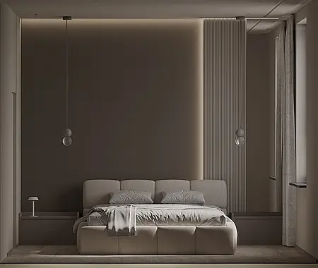 Sypialnia z nowoczesnym łóżkiem, szarymi ścianami i oświetleniem.