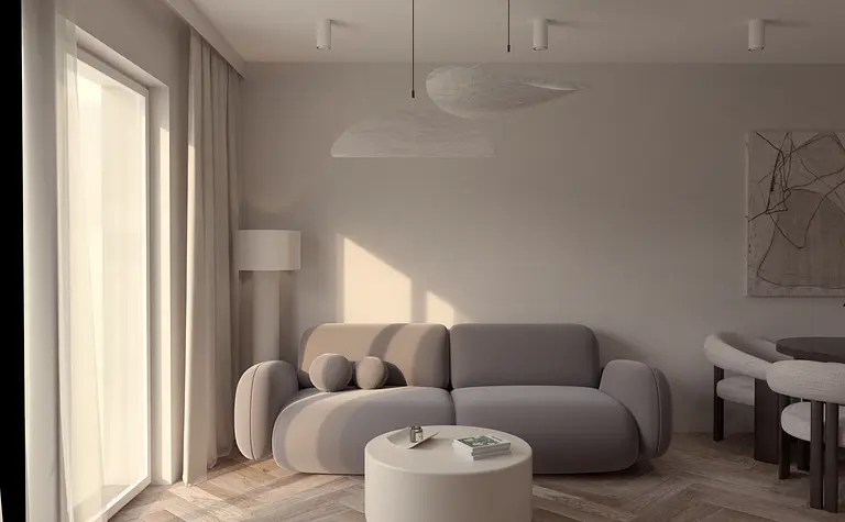 Wnętrze salonu w stylu japandi z minimalistycznymi meblami i spokojną kolorystyką.