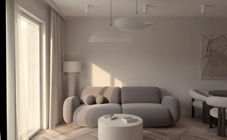 Wnętrze salonu w stylu japandi z minimalistycznymi meblami i spokojną kolorystyką.