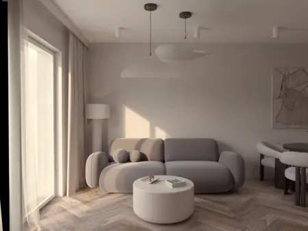 Wnętrze salonu w stylu japandi z minimalistycznymi meblami i spokojną kolorystyką.