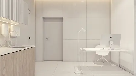 Wnętrze biura z minimalistycznym designem, nowoczesnymi meblami i skandynawskim stylem.