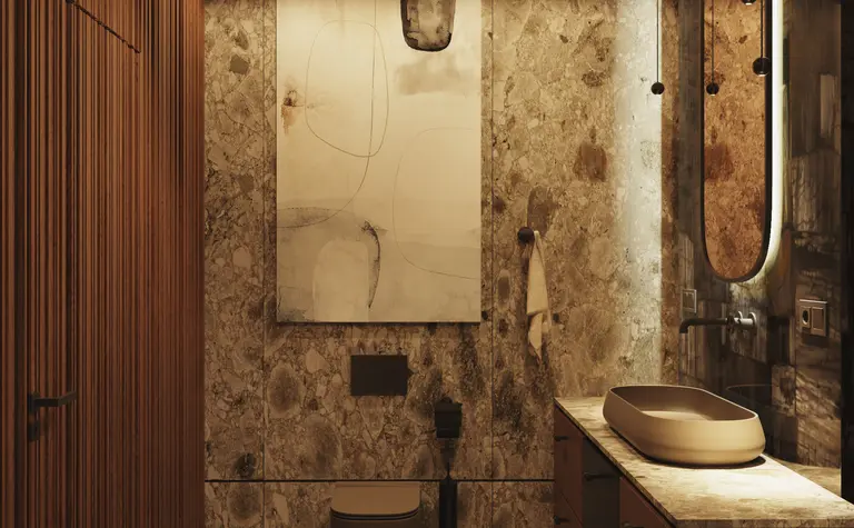 Wnętrze łazienki z drewnianymi detalami, kamiennymi ścianami w stylu minimalistycznym i nowoczesnym.