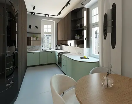 Wnętrze kuchni z zielonymi meblami, drewnianym blatem i akcentami dopamine decor.