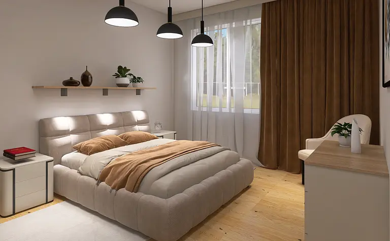 Sypialnia w stylu tradycyjnym i współczesnym z brązowym łóżkiem i białymi meblami.