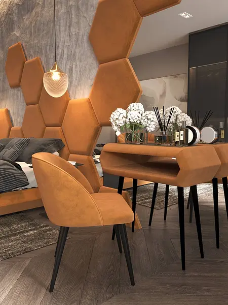 Nowoczesne wnętrze z brązowymi meblami, stołem i kwiatami.