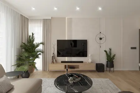 Nowoczesne wnętrze salonu z telewizorem, drewnianymi elementami i roślinami, styl minimaluxe.