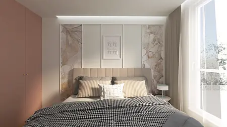 Wnętrze sypialni w stylu boho z elementami art deco i eklektycznymi dodatkami.