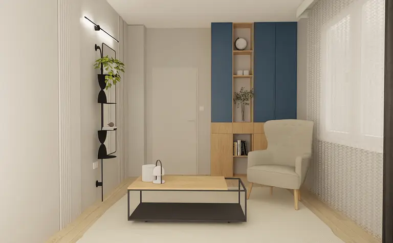 Minimalistyczne wnętrze z niebieską ścianą, drewnianym meblem i roślinami
