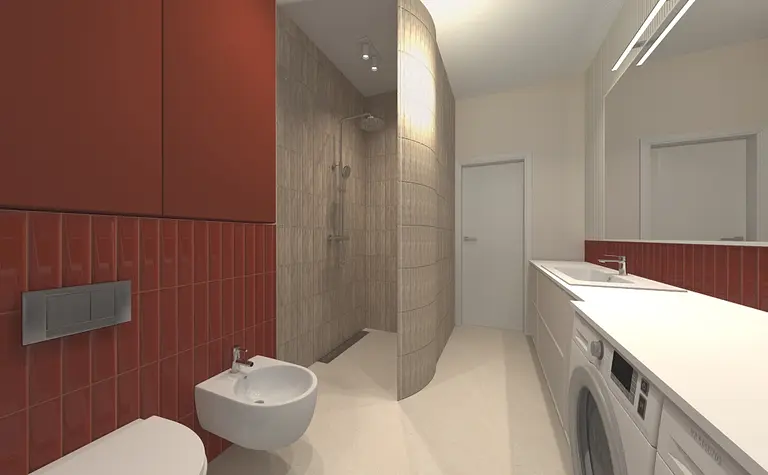 Wnętrze łazienki z czerwoną glazurą, prysznicem i białymi meblami, styl eklektyczny