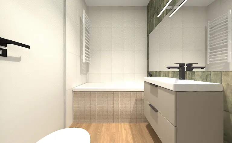 Współczesna łazienka z wanną, umywalką i drewnianą podłogą