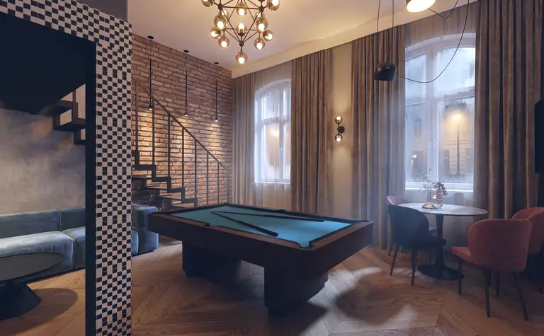 Wnętrze z bilardem, ceglaną ścianą, styl art deco, dopamine decor, eklektyczny.