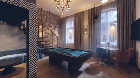 Wnętrze z bilardem, ceglaną ścianą, styl art deco, dopamine decor, eklektyczny.
