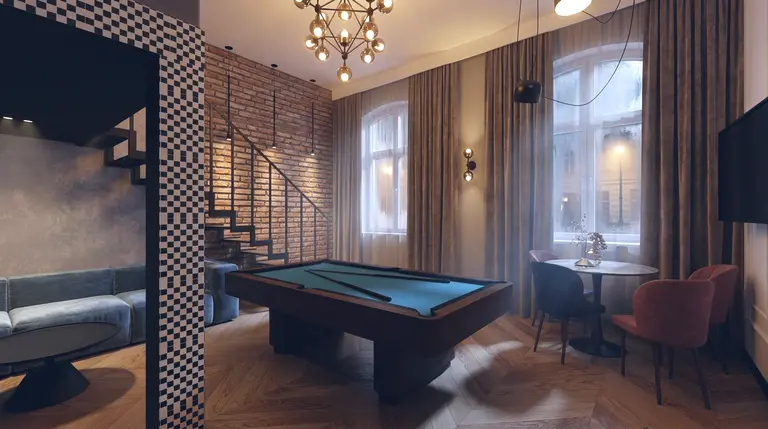 Wnętrze z bilardem, ceglaną ścianą, styl art deco, dopamine decor, eklektyczny.