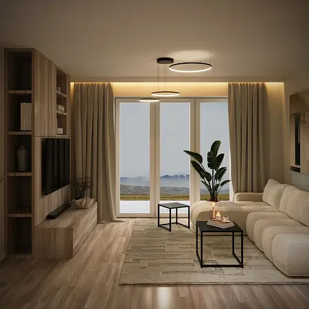 Wnętrze salonu z minimalistycznym designem, nowoczesne meble i drewniane akcenty.