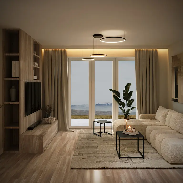 Wnętrze salonu z minimalistycznym designem, nowoczesne meble i drewniane akcenty.