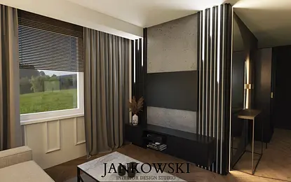 Wnętrze nowoczesnego salonu z szarymi zasłonami, czarnymi meblami i betonową ścianą, styl art deco.