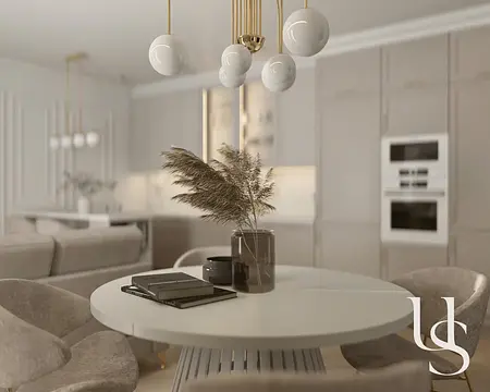 Jadalnia w stylu glamour z okrągłym stołem i eleganckimi krzesłami.