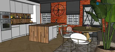 Wnętrze kuchni z drewnianym blatem i ceglanym tłem, styl industrialny i boho.