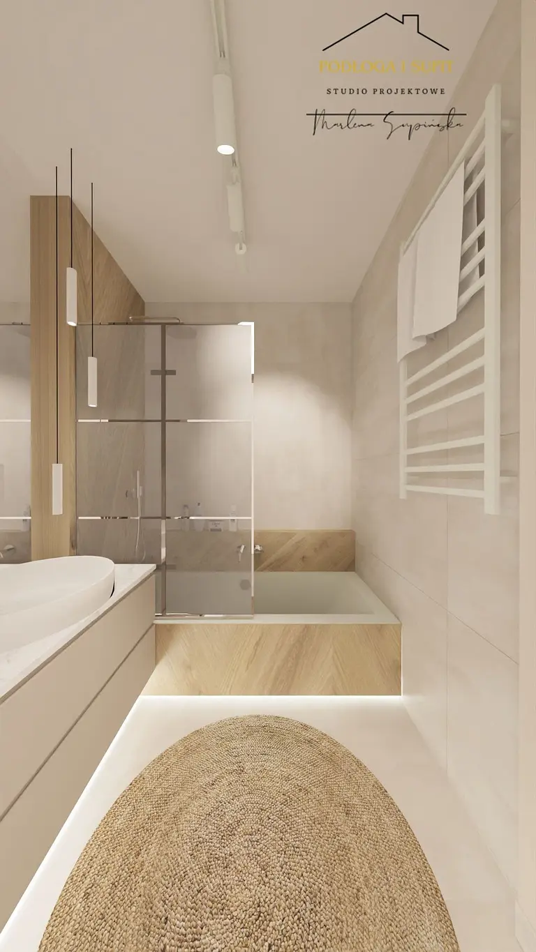 Wnętrze łazienki z minimalistycznym designem, drewnianymi elementami i wanną.