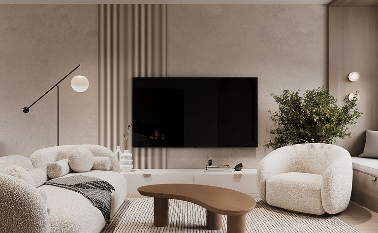 Wnętrze salonu w stylu boho z minimalistycznymi meblami i nowoczesnymi akcentami.