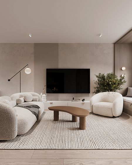 Wnętrze salonu w stylu boho z minimalistycznymi meblami i nowoczesnymi akcentami.