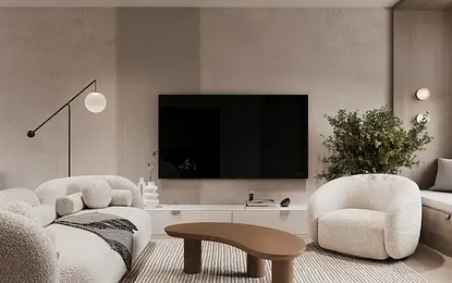 Wnętrze salonu w stylu boho z minimalistycznymi meblami i nowoczesnymi akcentami.