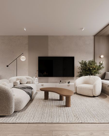 Wnętrze salonu w stylu boho z minimalistycznymi meblami i nowoczesnymi akcentami.