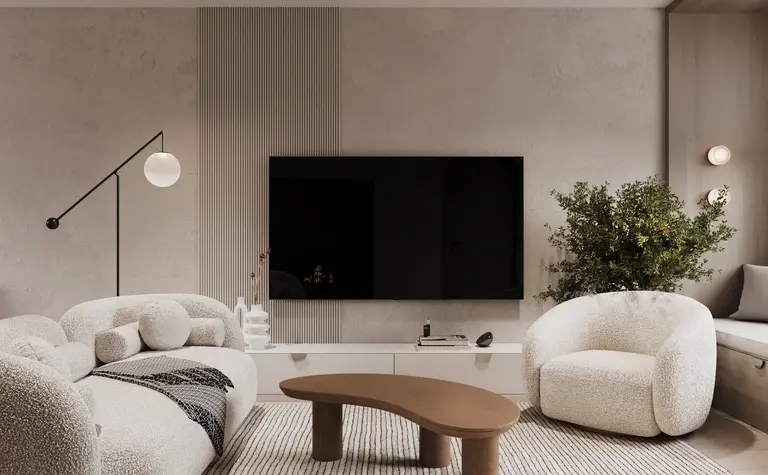 Wnętrze salonu w stylu boho z minimalistycznymi meblami i nowoczesnymi akcentami.