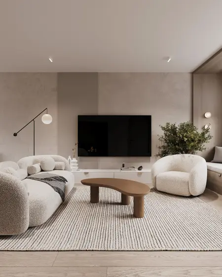 Wnętrze salonu w stylu boho z minimalistycznymi meblami i nowoczesnymi akcentami.