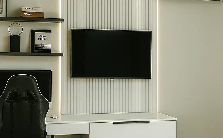 Wnętrze biura z białymi meblami, czarnym biurkiem i telewizorem