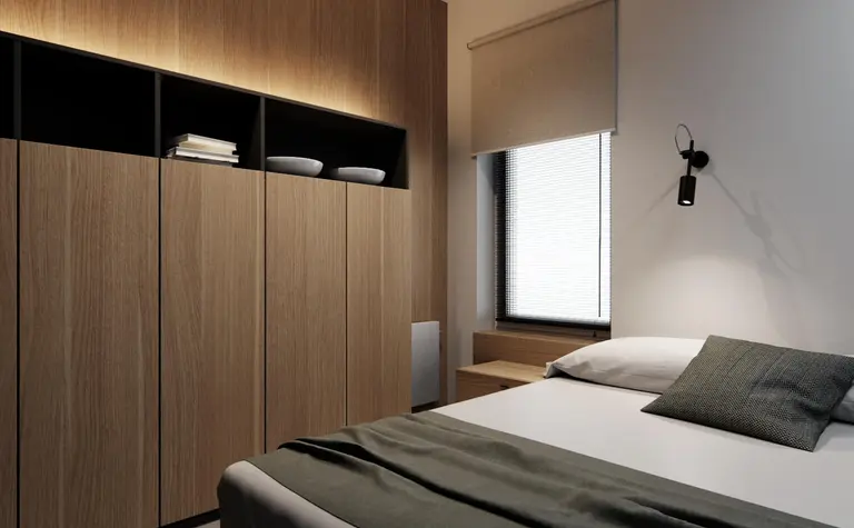 Eklektyczna sypialnia z minimalistycznym designem, soft minimalizm
