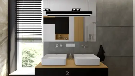 Wnętrze łazienki z białymi umywalkami na drewnianym blacie, minimalistyczne i nowoczesne.