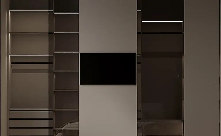 Garderoba z nowoczesnymi szafami, oświetleniem LED i minimalistycznym designem.