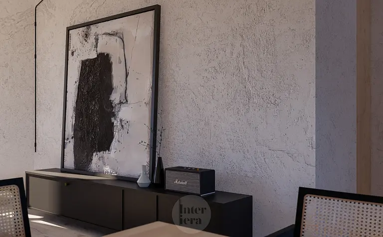 Minimalistyczne wnętrze z czarną sztuką i szarymi ścianami, styl japandi