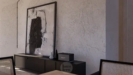 Minimalistyczne wnętrze z czarną sztuką i szarymi ścianami, styl japandi