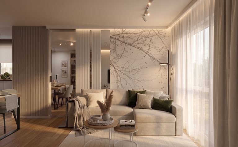 Wnętrze salonu w stylu skandynawskim z jasnymi meblami i roślinami.