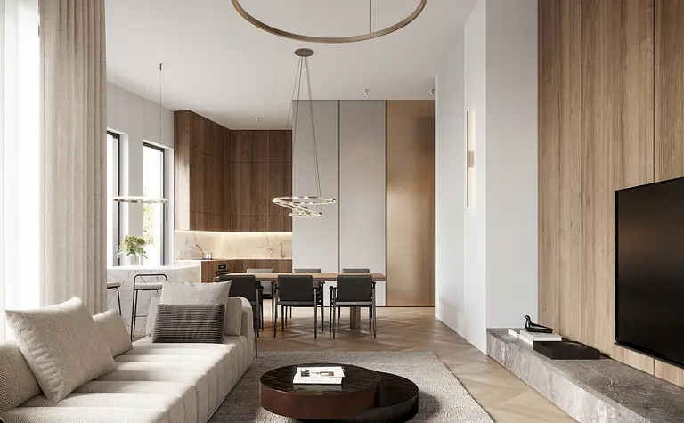 Wnętrze salonu z nowoczesnymi meblami i minimalistycznym designem