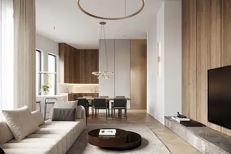 Wnętrze salonu z nowoczesnymi meblami i minimalistycznym designem