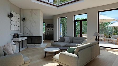 Wnętrze salonu w stylu art deco, nowoczesnym, quiet luxury, tradycyjnym, współczesnym z dużymi oknami.