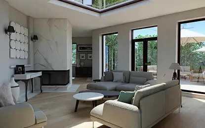 Wnętrze salonu w stylu art deco, nowoczesnym, quiet luxury, tradycyjnym, współczesnym z dużymi oknami.