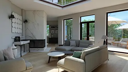 Wnętrze salonu w stylu art deco, nowoczesnym, quiet luxury, tradycyjnym, współczesnym z dużymi oknami.
