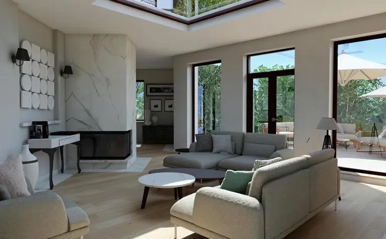 Wnętrze salonu w stylu art deco, nowoczesnym, quiet luxury, tradycyjnym, współczesnym z dużymi oknami.