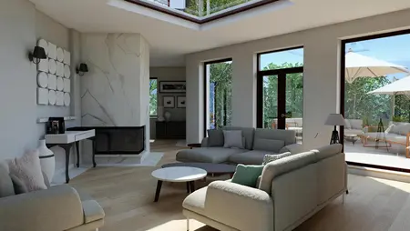 Wnętrze salonu w stylu art deco, nowoczesnym, quiet luxury, tradycyjnym, współczesnym z dużymi oknami.