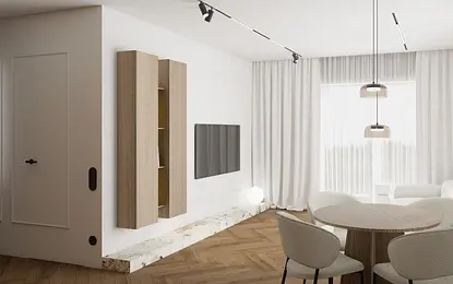 Eklektyczne wnętrze w stylu japandi z soft minimalizmem. Jasne meble i drewniane akcenty.