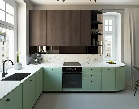 Kuchnia w stylu dopamine decor z zielonymi meblami i marmurowym blatem