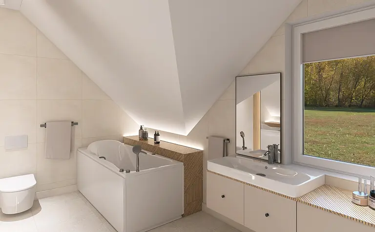 Wnętrze łazienki z wanną, umywalką i nowoczesnym designem