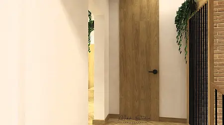 Wnętrze holu z drewnianymi akcentami i roślinnością, styl boho i nowoczesny.
