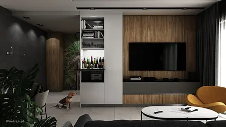 Wnętrze nowoczesnego salonu z drewnianą ścianą i telewizorem